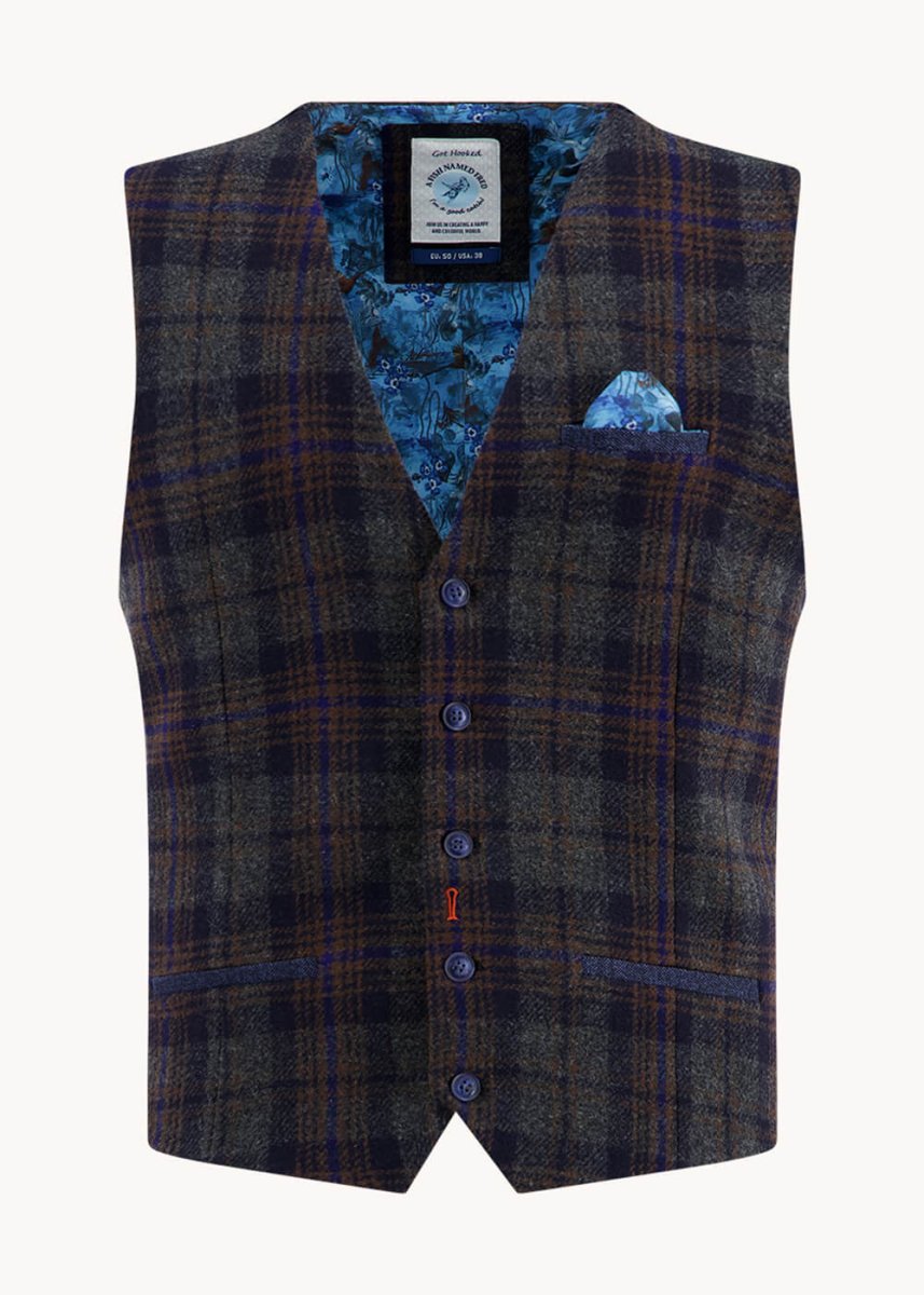 A Fish Named Fred Tartan Wool Gilet Navy