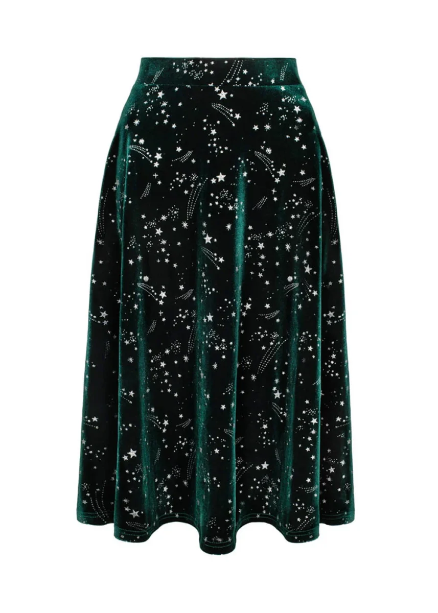 Hell Bunny Estelle Stars Velvet 50's Swing Rok Groen